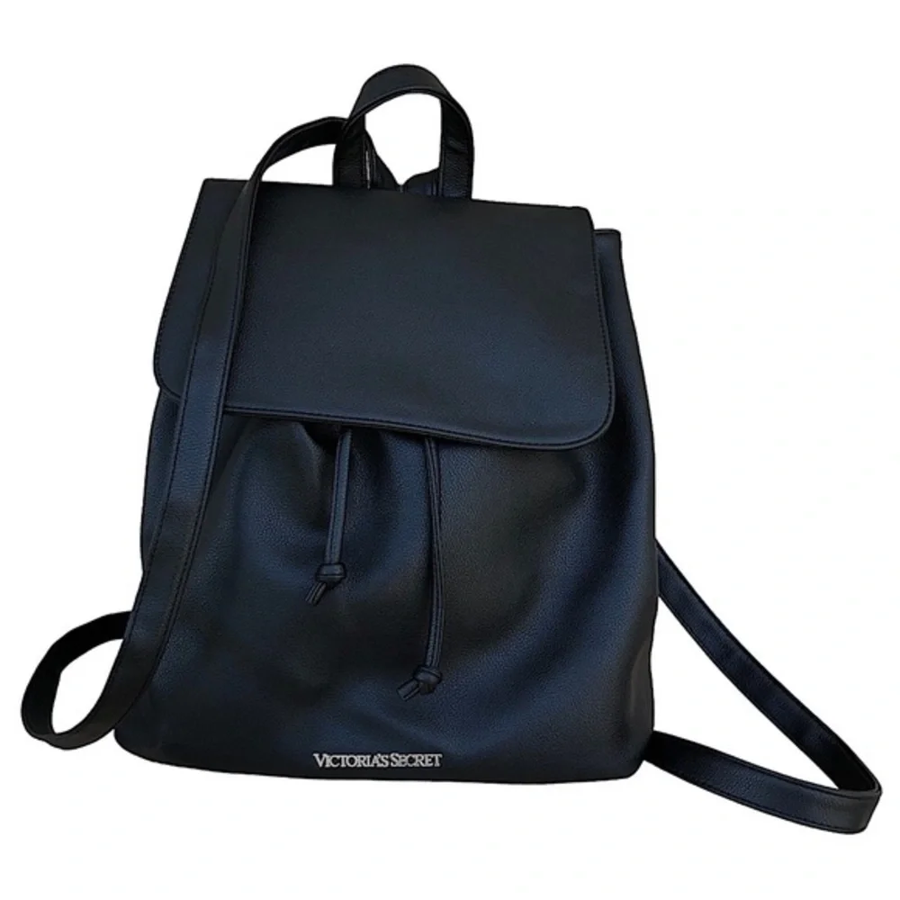 Victoria’s Secret Faux Leather Drawstring Magnet Black Backpack 15”W 12”H 6”D